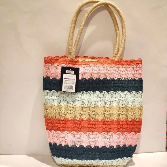Art Class Multi-Colored Striped Womens Straw Beach Tote Shoulder Bag Purse - Picture 5 of 8